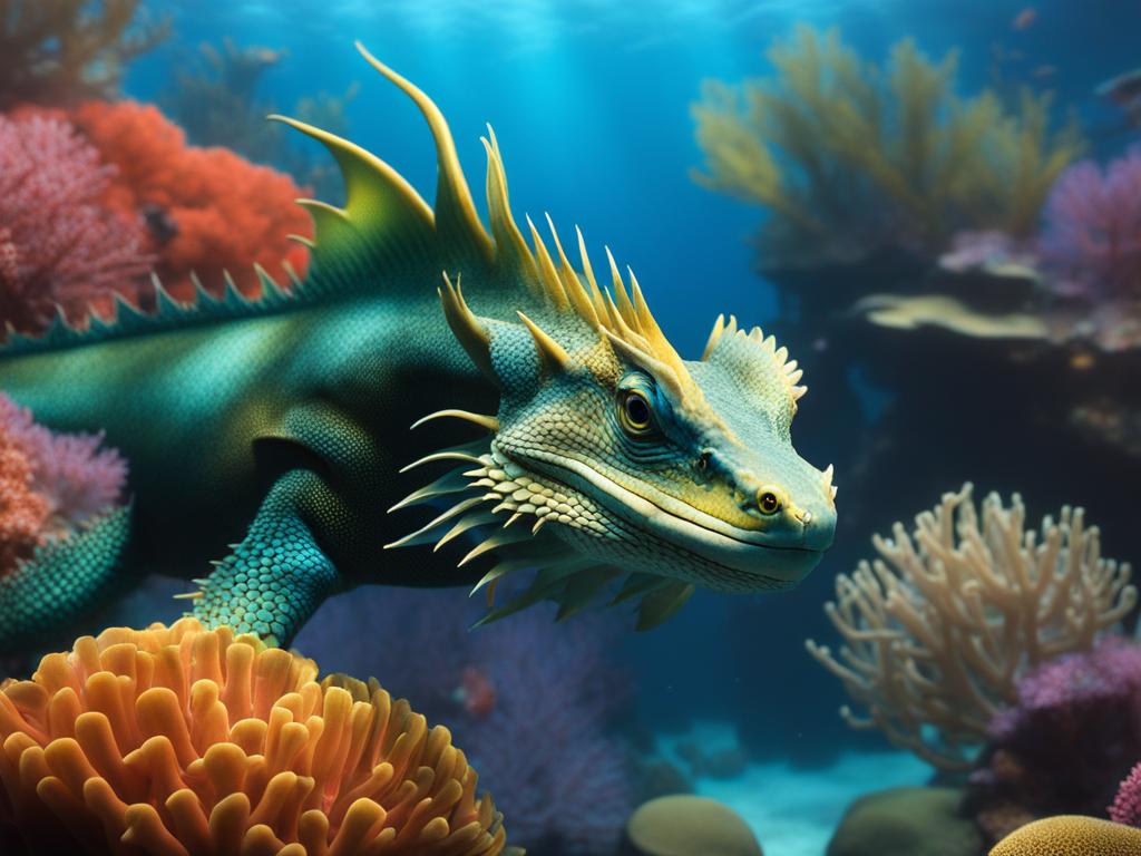 water dragon gliding through the depths of a tranquil coral reef, its elegant fins blending with the vibrant marine life. 