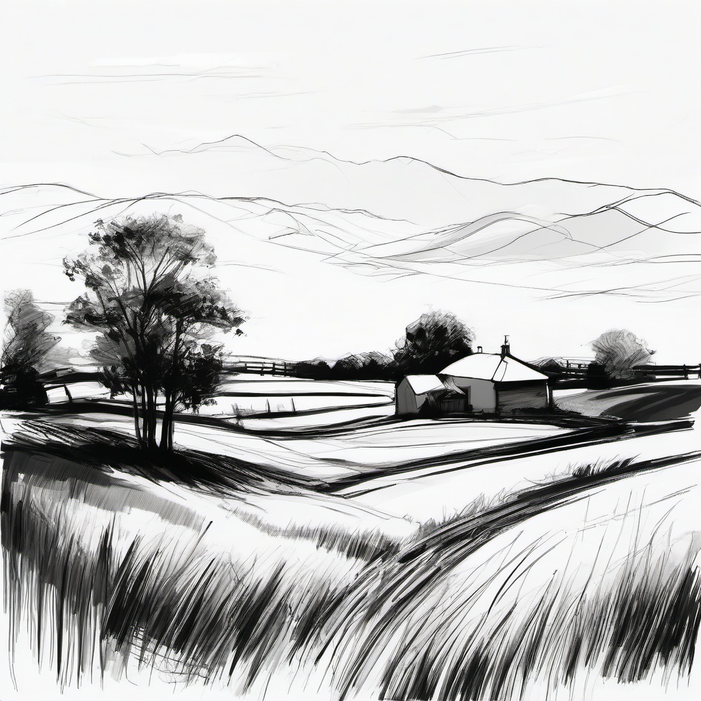 drawing of a rural landscape  minimal rough sketch scribbles,doodles,black and white