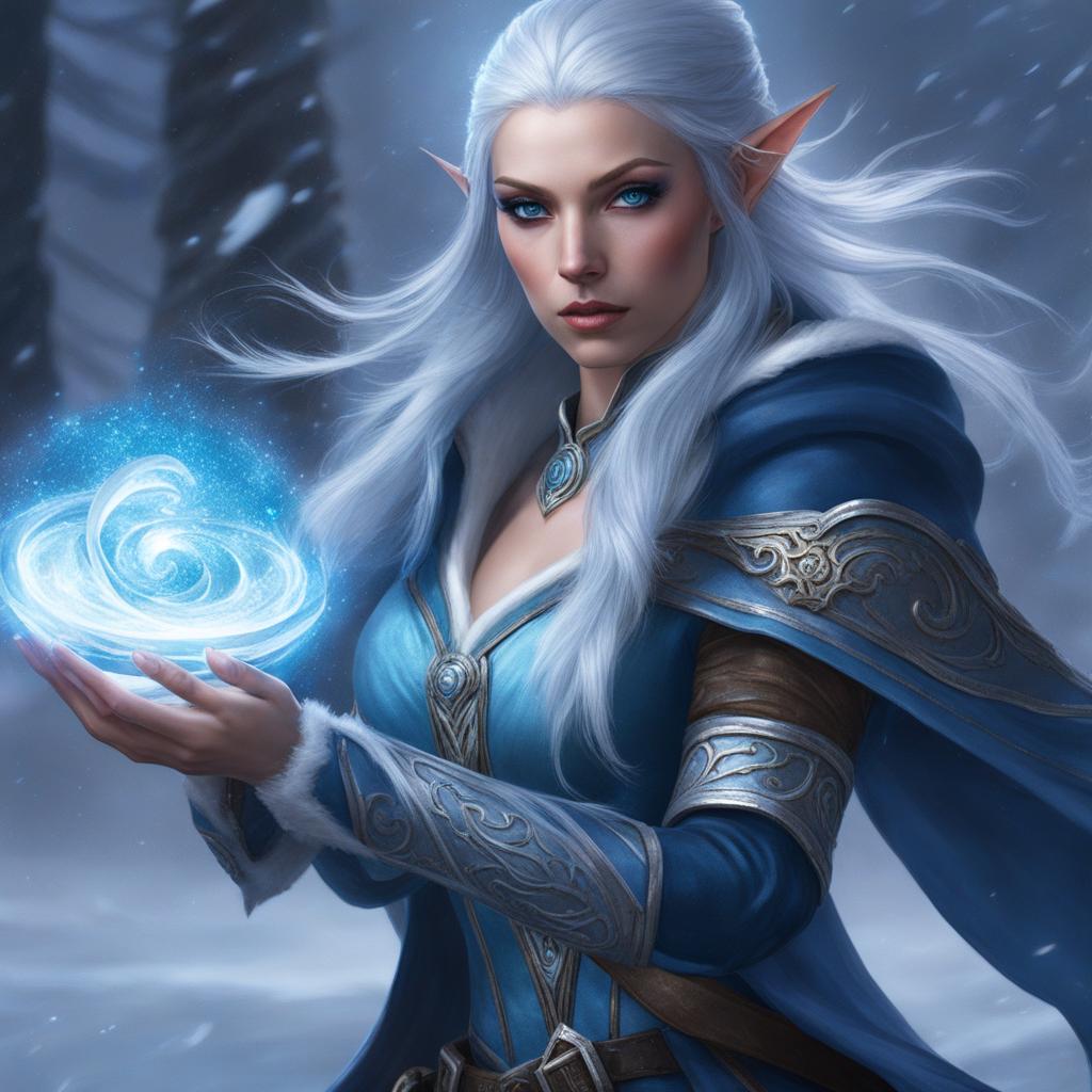 elira frostwhisper, an elf sorcerer, is creating a swirling blizzard to freeze enemies in their tracks. 