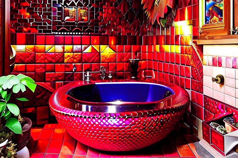 dragon's lair bathroom with dragon claw bathtub and fiery mosaic tiles. 