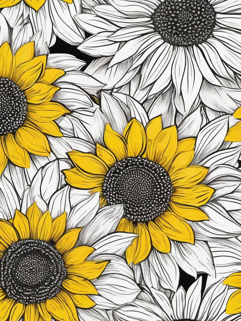 Floral Sunflowers - Bright yellow blooms following the sun.  outling,coloring pages,black and whit