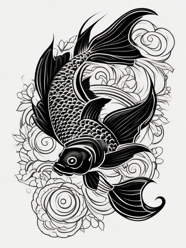 Black Koi Tattoo-Bold and vibrant tattoo featuring a black Koi fish, symbolizing perseverance and strength.  simple color vector tattoo