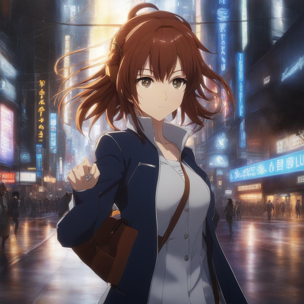 mikoto misaka generates powerful electrical arcs in the bustling streets of academy city. 