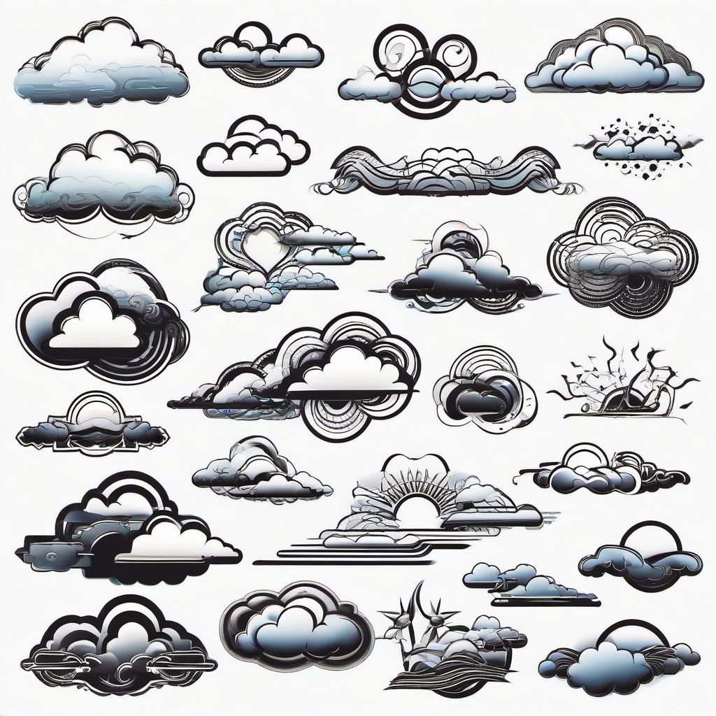 Clouds for Tattoo-Various creative and artistic tattoo designs featuring clouds in different styles and compositions.  simple color tattoo,white background