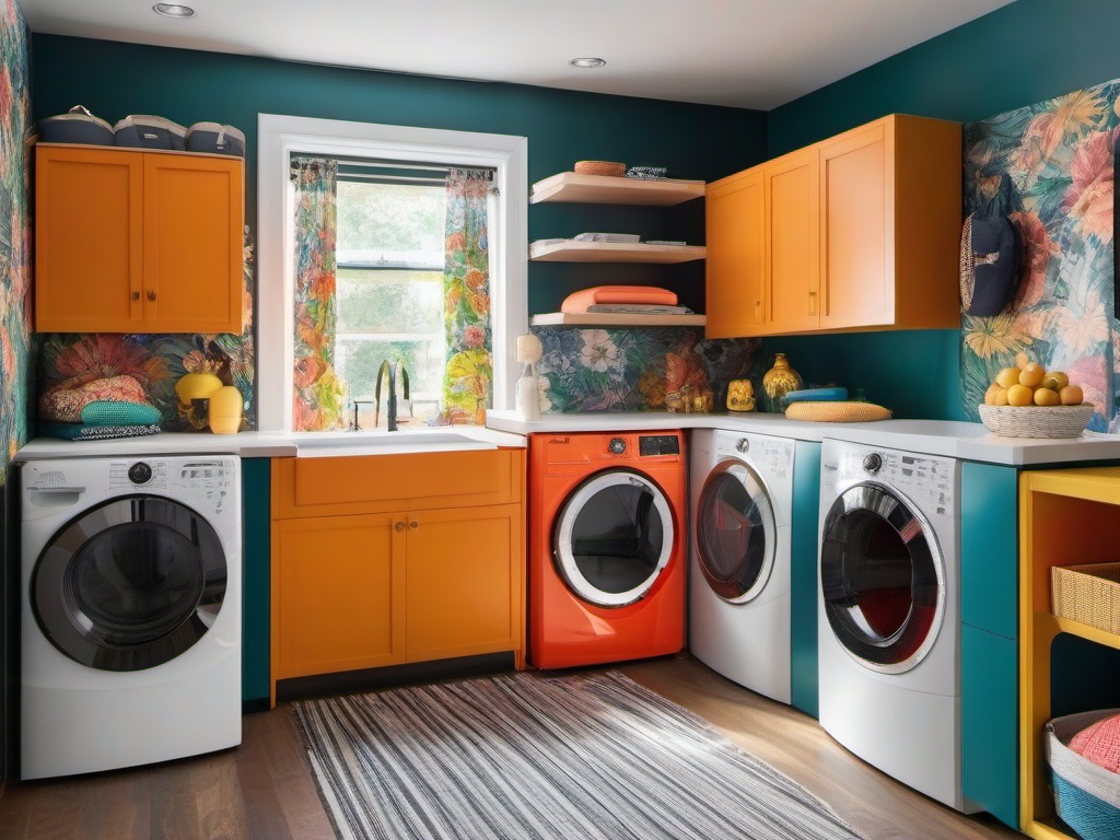 A utility room designed with maximalist interior design includes colorful storage, fun decor, and an engaging layout that makes chores feel lively and manageable.  