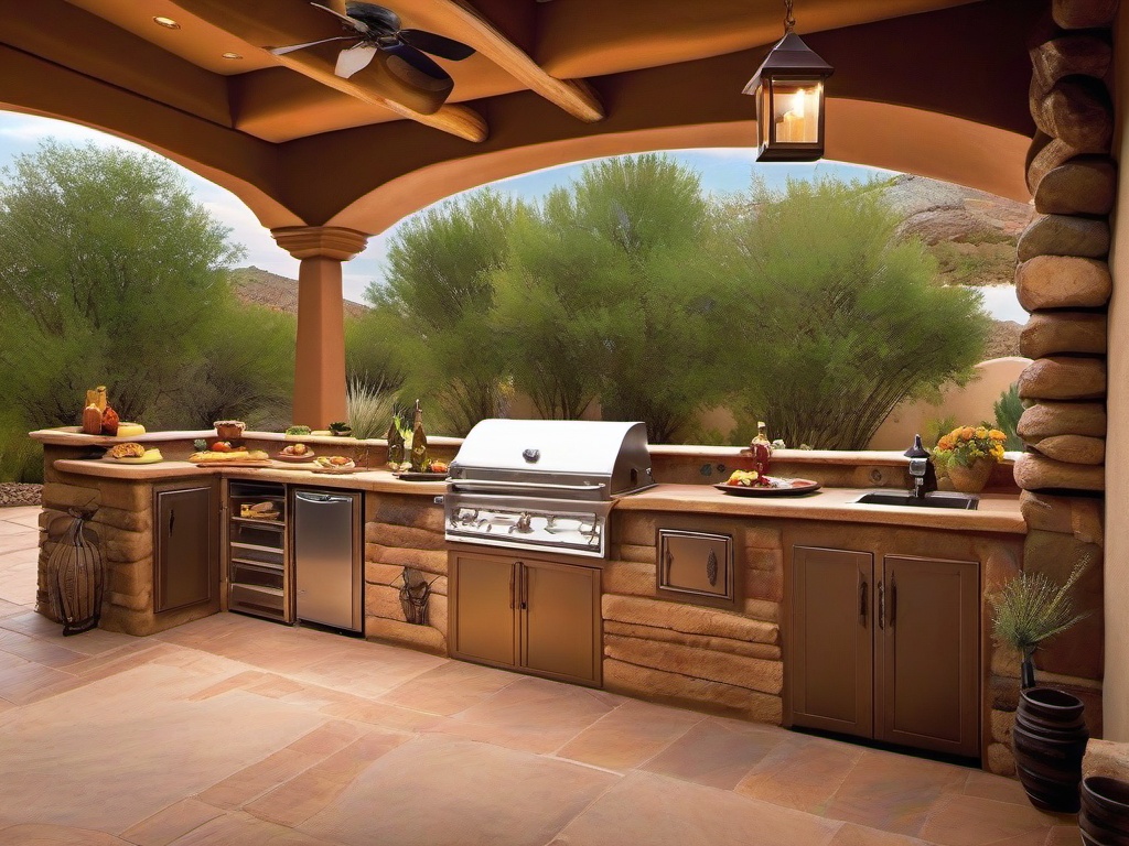 Southwestern outdoor kitchen combines earthy colors, decorative tiles, and rustic fixtures for a warm and inviting atmosphere for outdoor meals.  