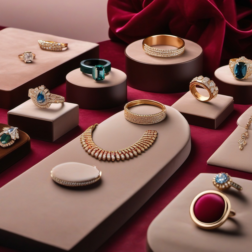 Velvet-accented jewelry displays top view, product photoshoot realistic background, hyper detail, high resolution