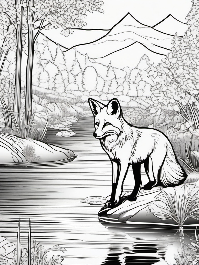 Fox Coloring Pages - Fox watching fish in a sparkling stream  simple coloring pages