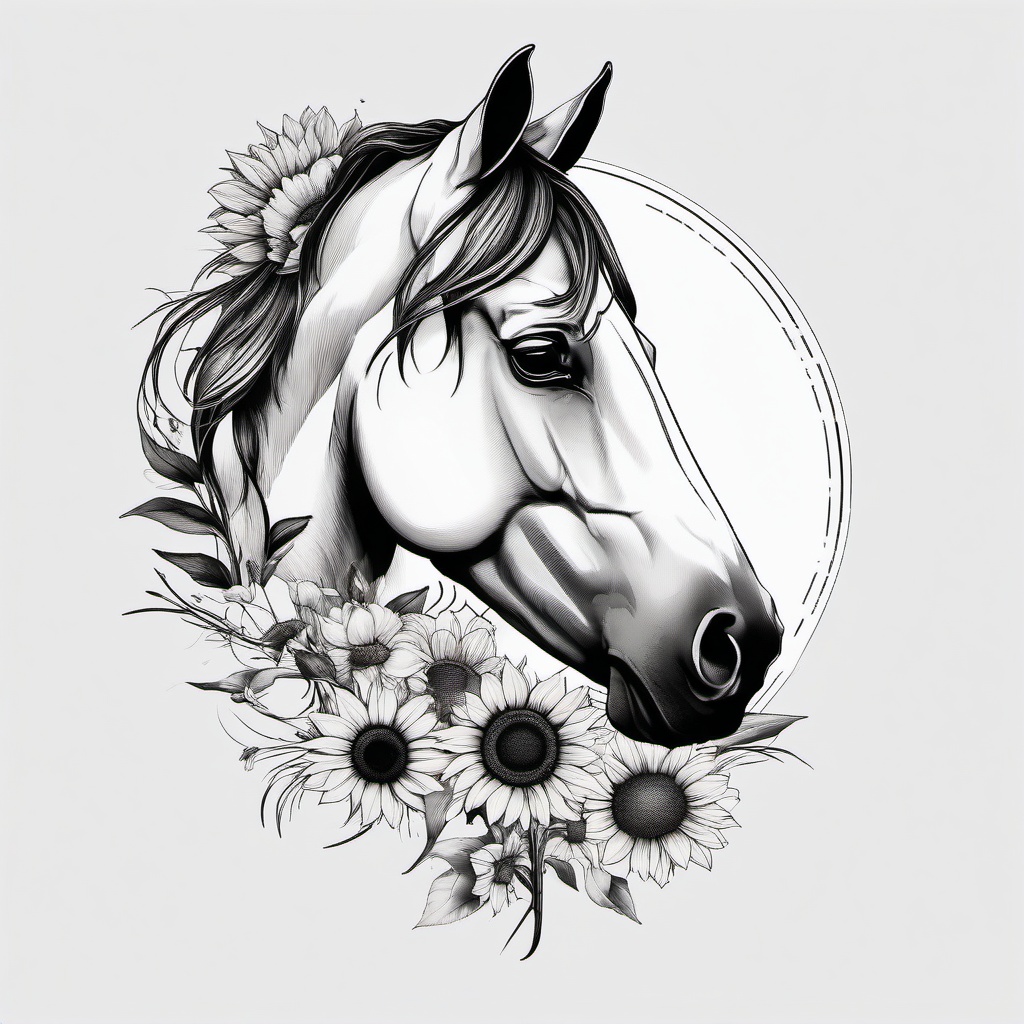 horse and sunflower tattoo  simple tattoo,minimalist,white background