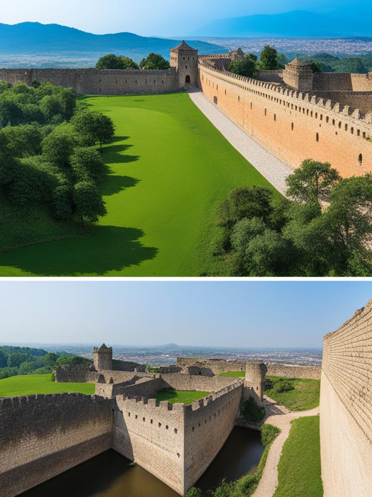 ancient city walls, wandering along ancient fortified city walls with a view of the landscape. 