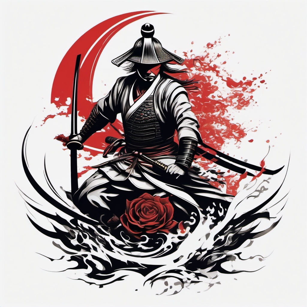 Samurai tattoo rising in a continuous cycle of regeneration.  color tattoo,minimalist,white background