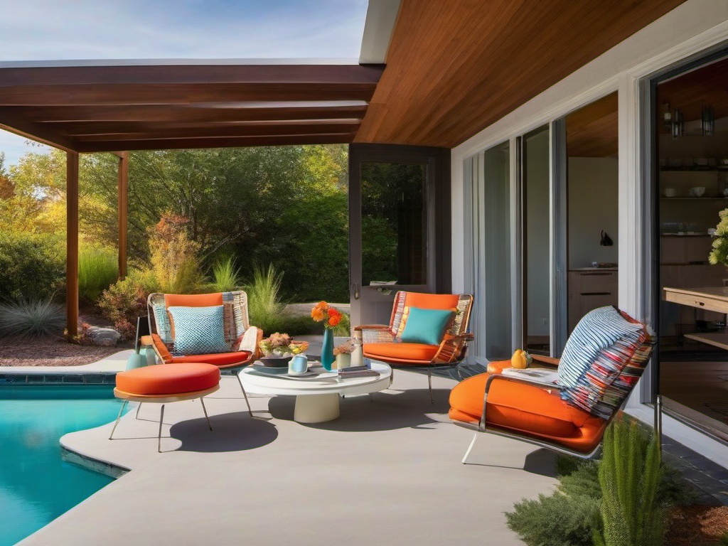 Mid-century modern patio features retro-style lounge chairs, a simple coffee table, and colorful accents that add character while remaining practical for outdoor use.  