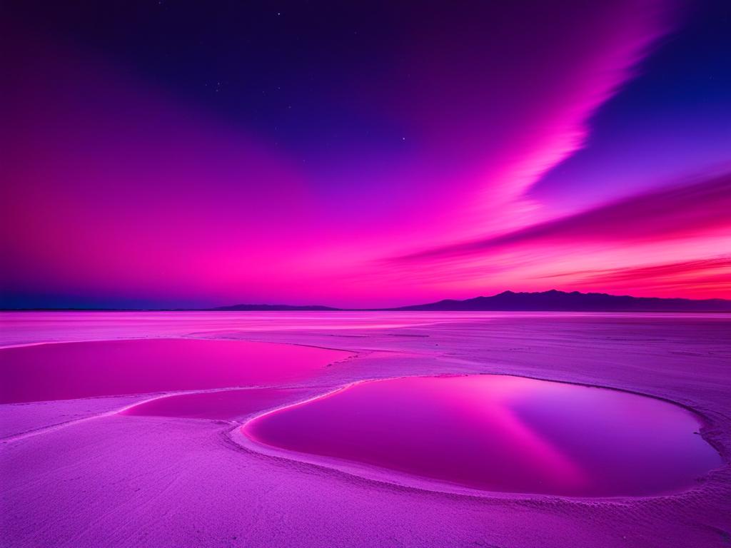 las coloradas - create a surreal night painting of las coloradas, where the salt flats turn vibrant shades of pink and purple under the moonlight. 