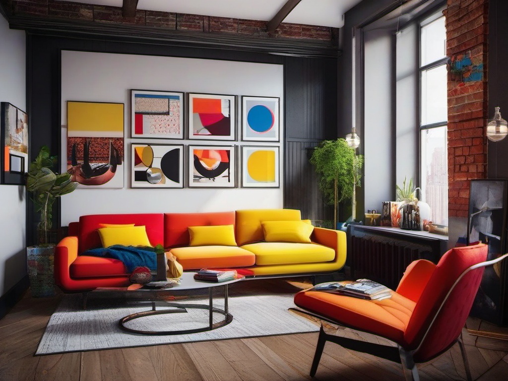 In the loft, Pop Art interior design incorporates bold furniture choices, vibrant colors, and eclectic decor that create a lively and personalized living area.  