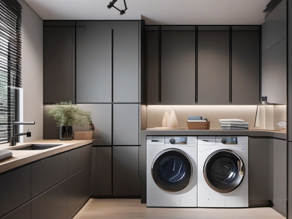 In the laundry room, futuristic interior design includes smart storage solutions, high-efficiency appliances, and a minimalist color palette that makes chores feel stylish and efficient.  