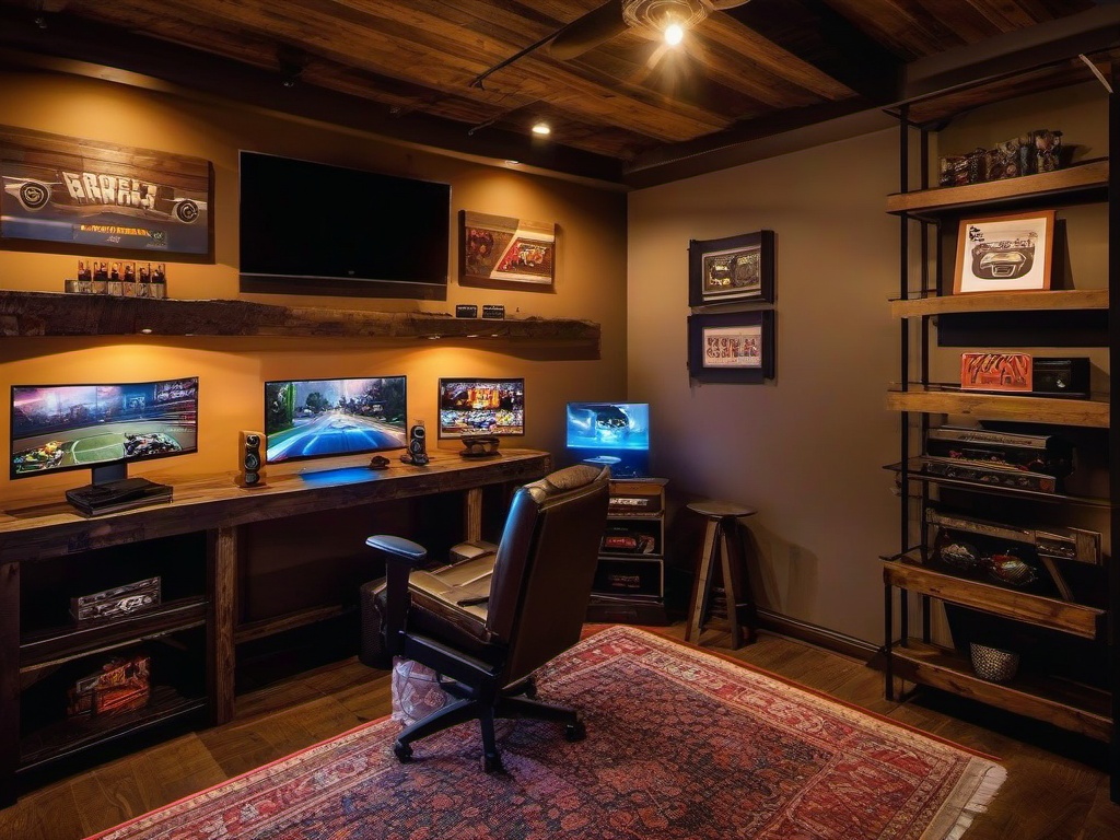 Rustic gamer room highlights reclaimed wood furniture, warm lighting, and vintage gaming memorabilia, evoking a cozy and charming atmosphere for gaming.  