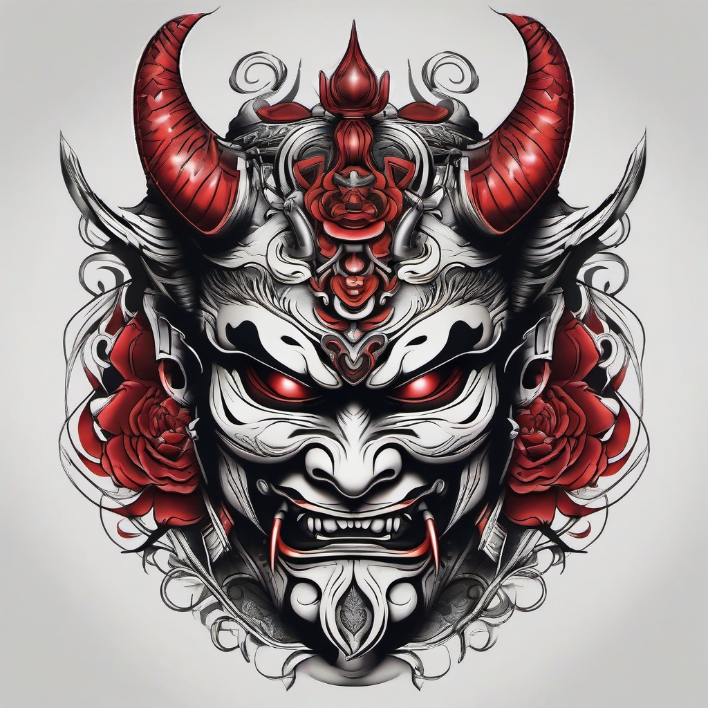 samurai demon mask tattoo  simple color tattoo,white background,minimal