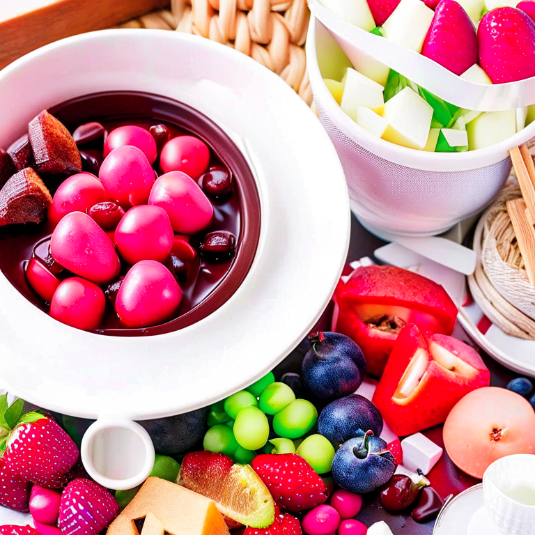 chocolate fondue party, dipping fruits, marshmallows, and treats into a bubbling pot of chocolate. 