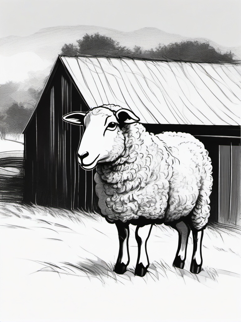 drawing of a sheep beside a barn  minimal rough sketch scribbles,doodles,black and white