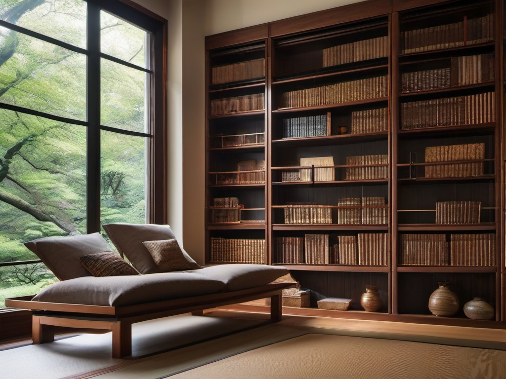 In the library room, Japanese Zen interior design incorporates wooden shelves, comfortable seating, and a tranquil atmosphere that encourages reading and contemplation.  