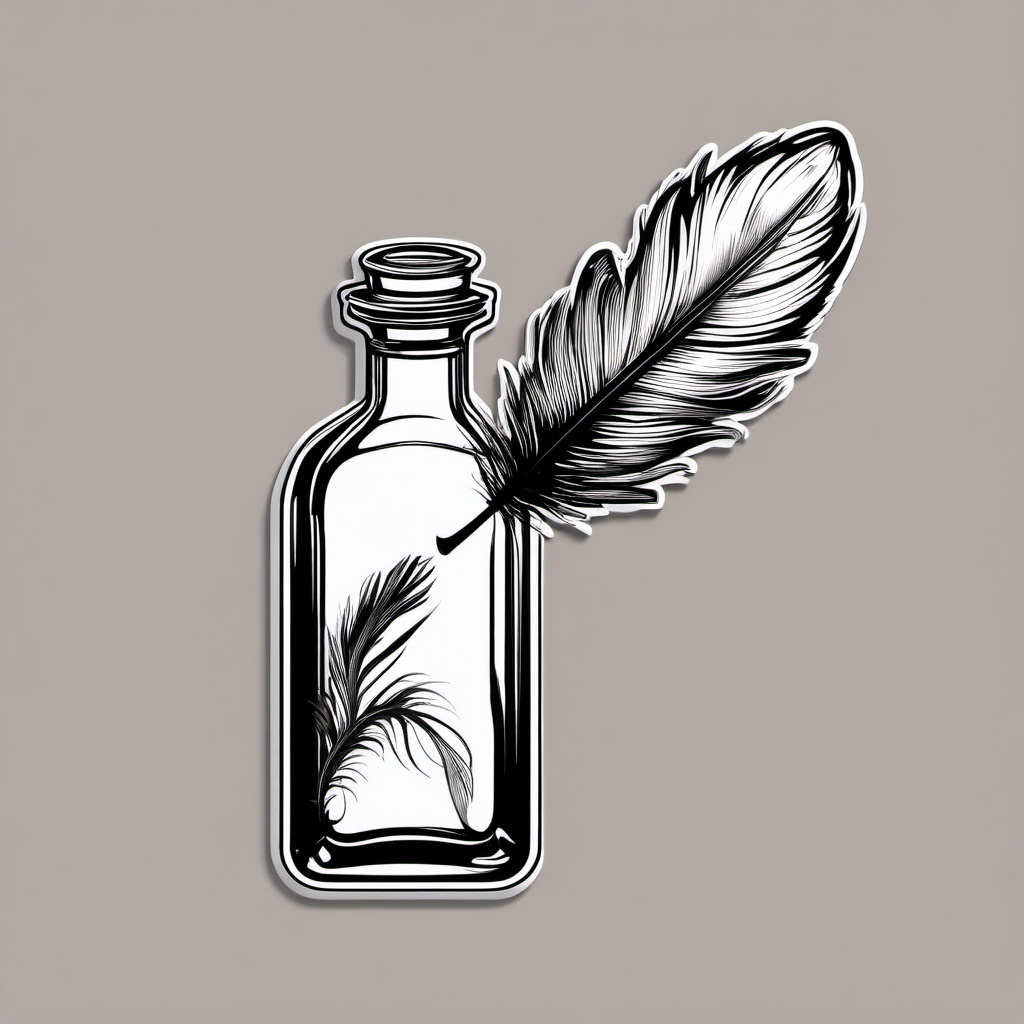 Feather and Ink Bottle Sticker - Quill feather next to an ink bottle, ,vector color sticker art,minimal