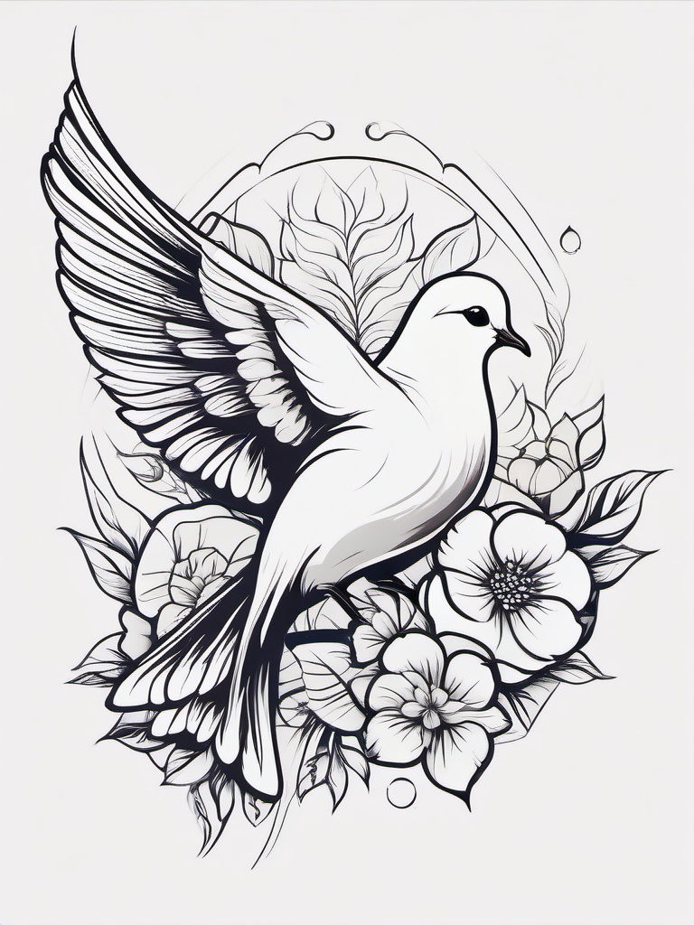 Dove with Flower Tattoo-Delightful and artistic tattoo featuring a dove with a flower, perfect for those who love nature-inspired designs.  simple color tattoo,white background