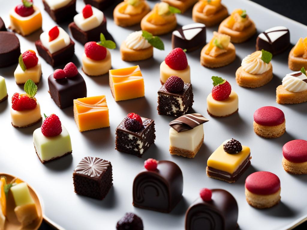 an assortment of petit fours, each a bite-sized work of art with intricate designs and flavors. 