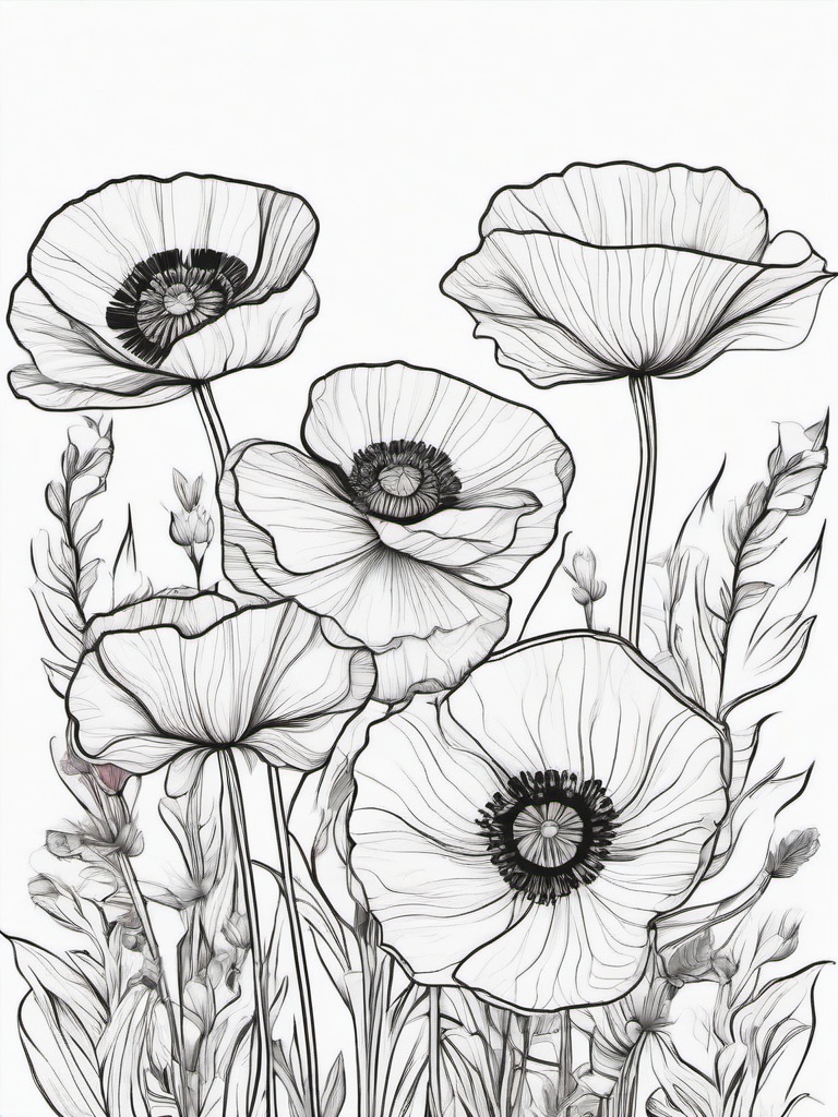 Floral Poppies - Delicate petals in bold red hues.  outling,coloring pages,black and white