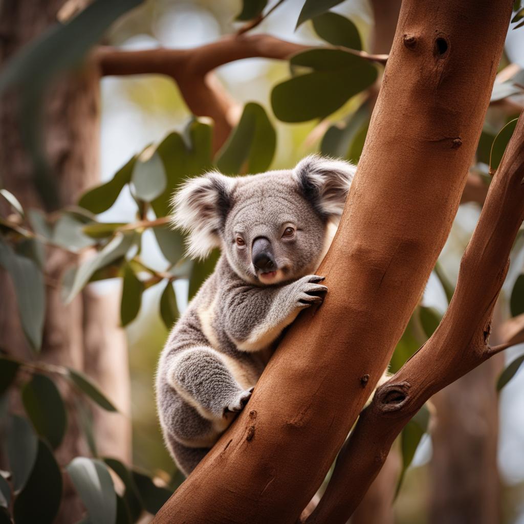 koala napping in the crook of a eucalyptus tree 8k ultrarealistic cinematic 