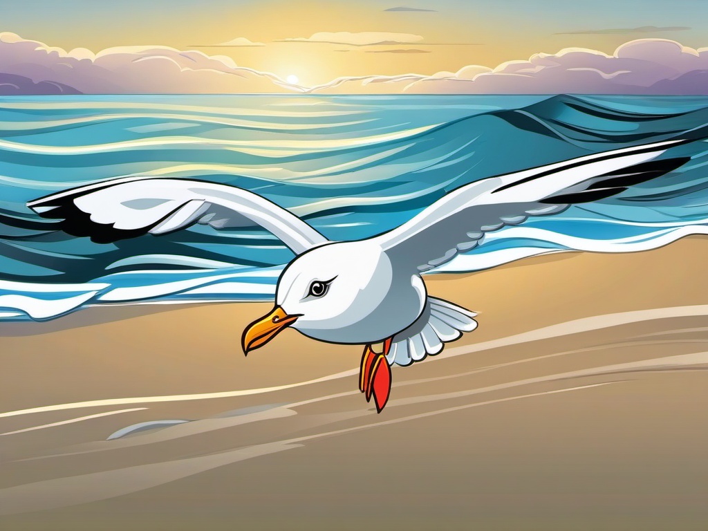 Seagull Cartoon - Cartoon of seagull flying over ocean  