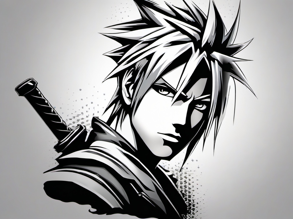Cloud Strife Tattoo-Creative and iconic tattoo featuring Cloud Strife, a character from the Final Fantasy series, capturing gaming nostalgia.  simple color tattoo,white background