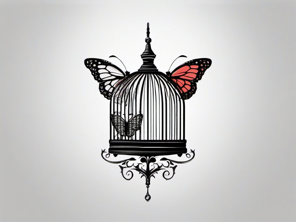 butterfly cage tattoo  simple color tattoo, minimal, white background