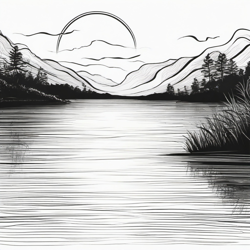 Sun clipart - reflecting on a calm lake  minimal rough sketch scribbles,doodles,black and white