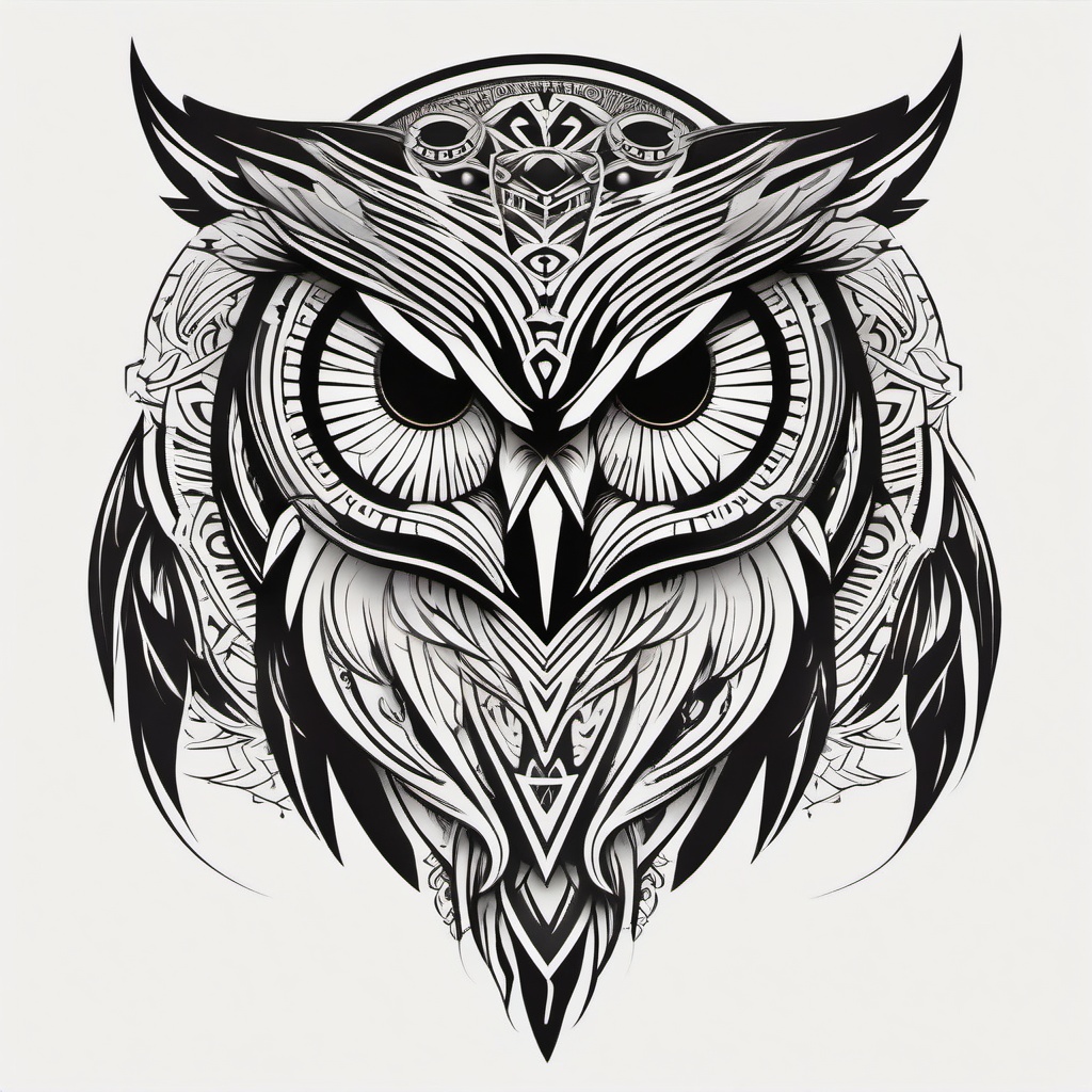 Tribal Owl Tattoo - Symbol of wisdom and ancestral protection  minimal tattoo design,white background