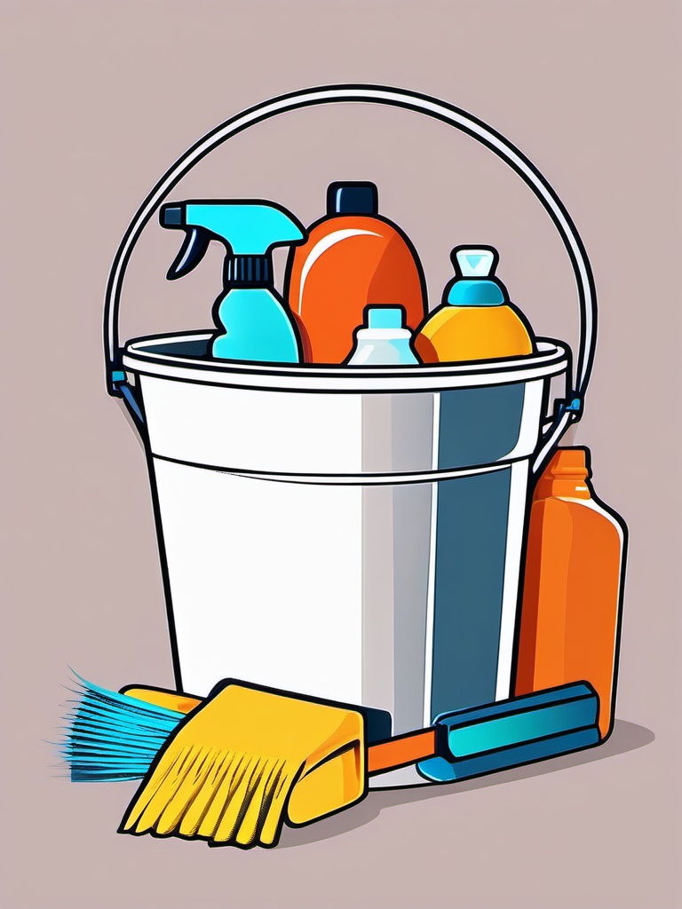 Cleaning products in a bucket clipart.  vector style illustration, white background