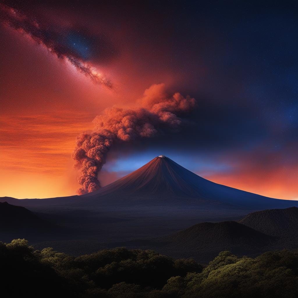 paricutin volcano - create a surreal night painting of paricutin volcano, one of the world's youngest volcanoes, with its stark beauty and night sky above. 