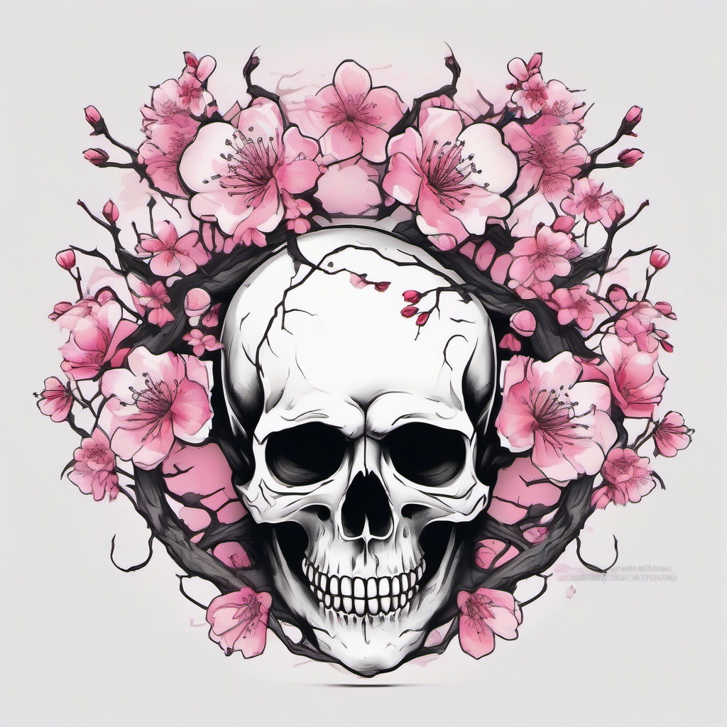 Cherry Blossom Skull Sleeve Tattoo - Long Sleeve Tattoos featuring many skulls with cherry blossoms as framing.  simple color tattoo,minimalist,white background, multiple skulls, sleeve  ,tattoo design, white background