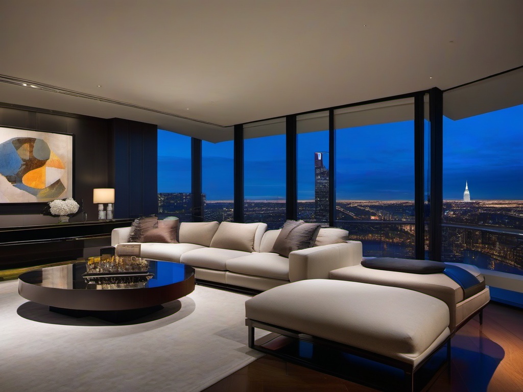 Luxury penthouse with floor-to-ceiling windows and modern art.  