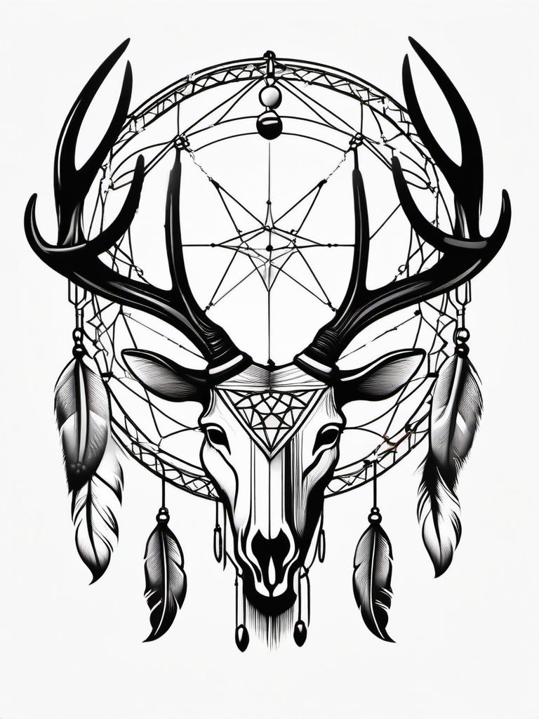 Antler Dream Catcher Tattoo - Tattoo combining a dream catcher with antler motifs.  simple vector tattoo,minimalist,white background