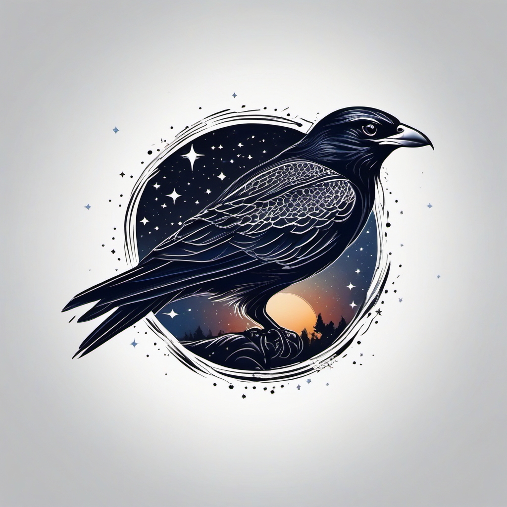 Starling tattoo against a starry night sky, symbolizing wisdom, with hawk nuances.  color tattoo style, minimalist design, white background