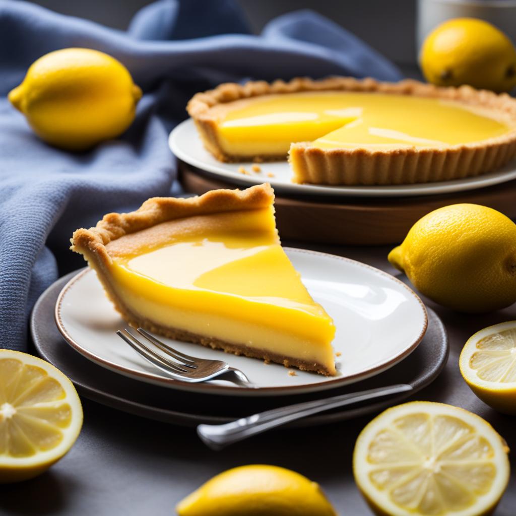 a slice of silky lemon tart, with a zesty lemon curd filling and a buttery, crumbly crust. 