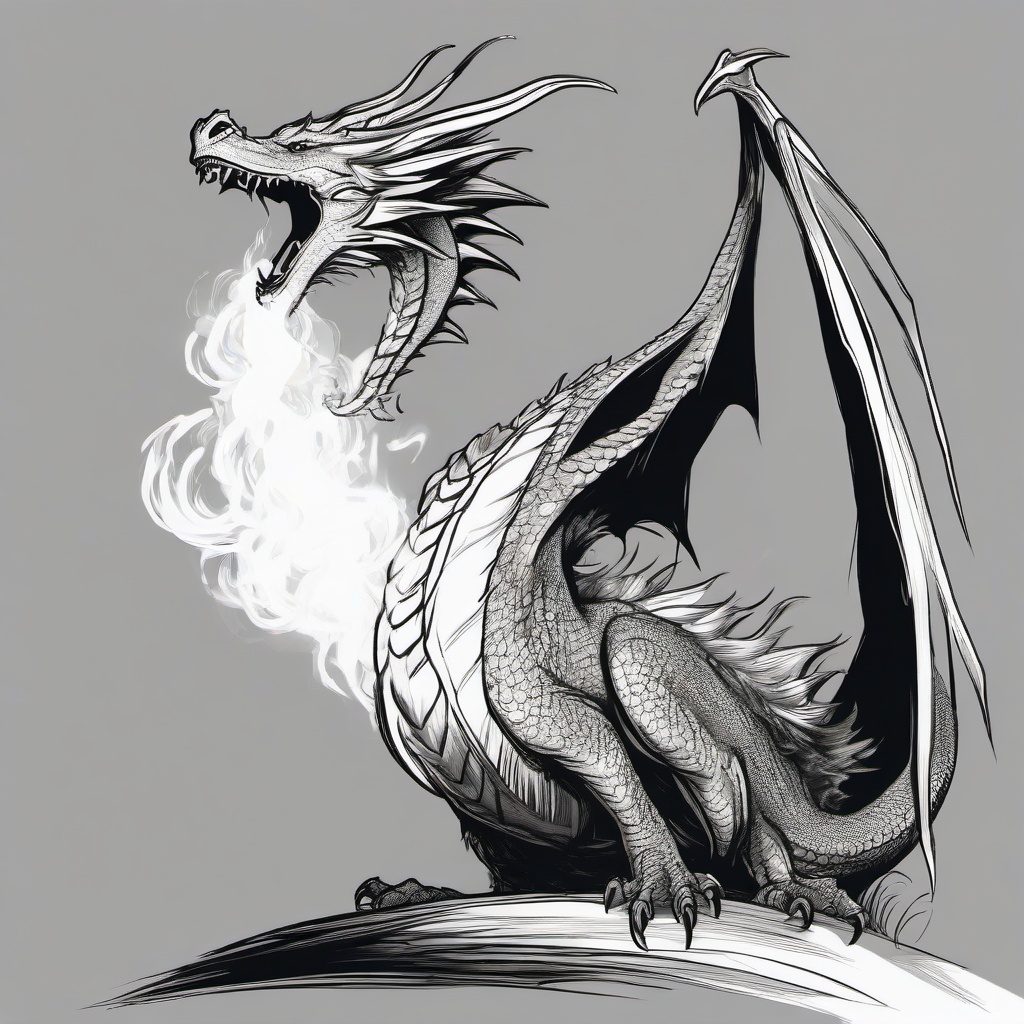 drawing of a dragon breathing fire  minimal rough sketch scribbles,doodles,black and white