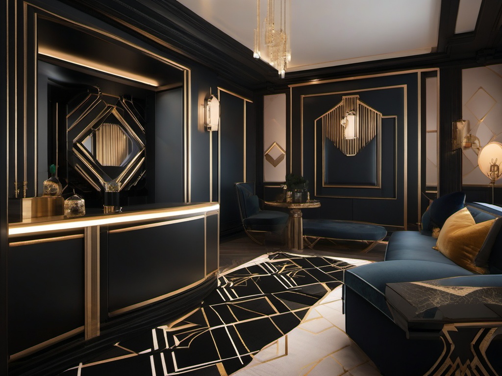 Art Deco gamer room includes bold geometric patterns, luxurious finishes, and stylish lighting that create a glamorous and immersive gaming environment.  