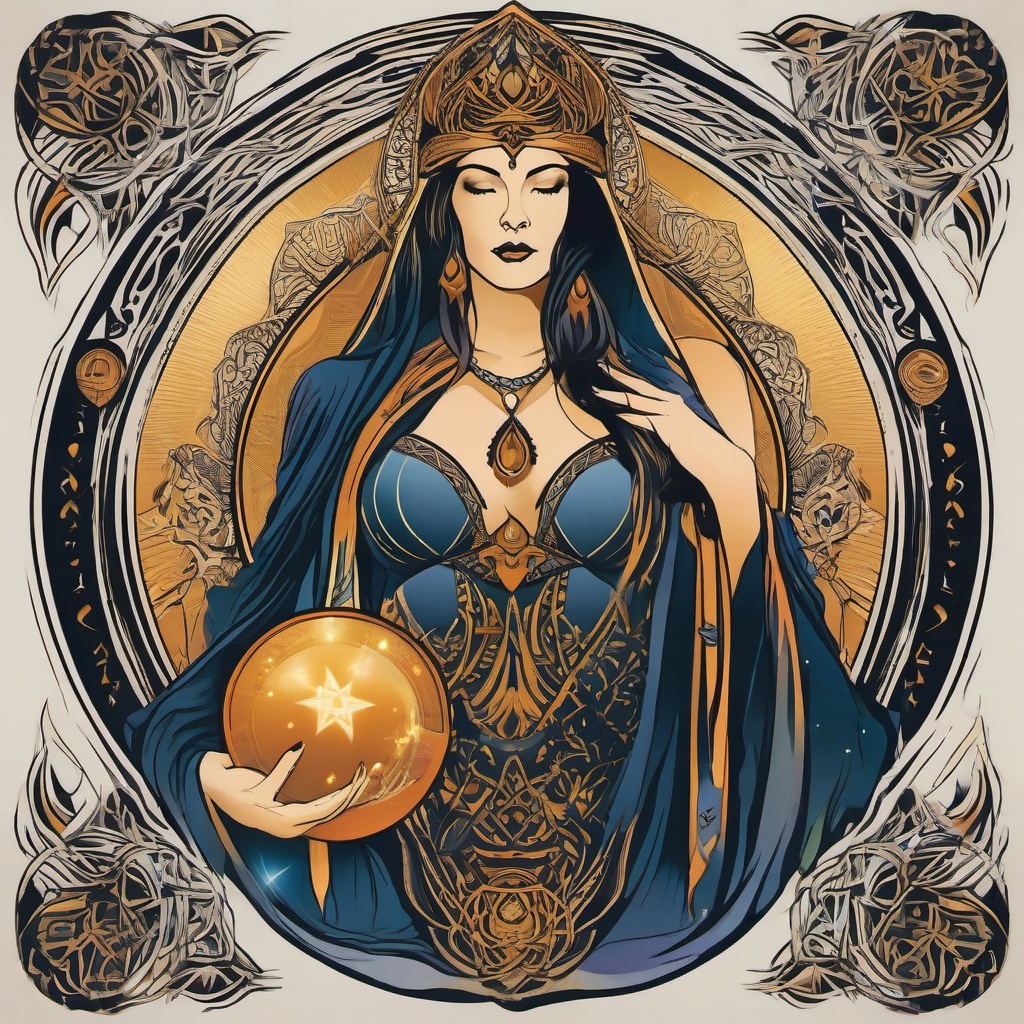 High Priestess Tattoo-Mystical and symbolic tattoo featuring the High Priestess tarot card, capturing themes of intuition and feminine energy.  simple color vector tattoo