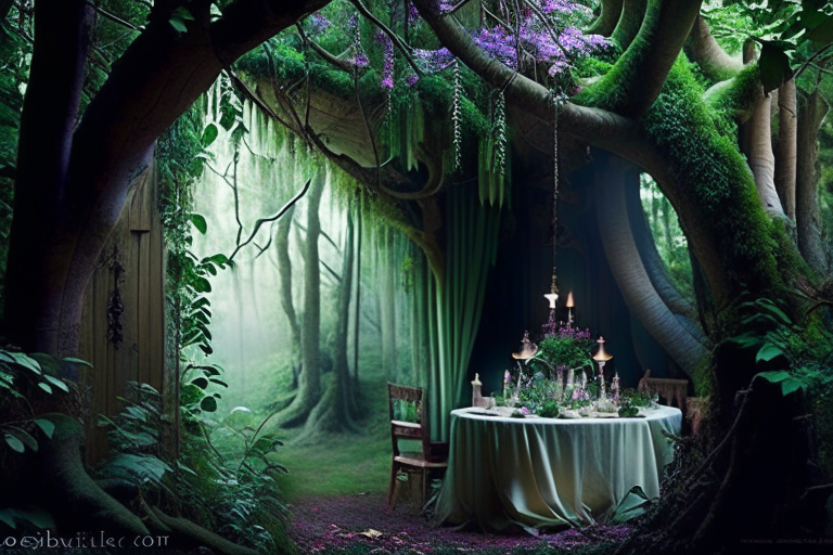 forest nymph's dining room nestled among ancient trees with ethereal drapes. 