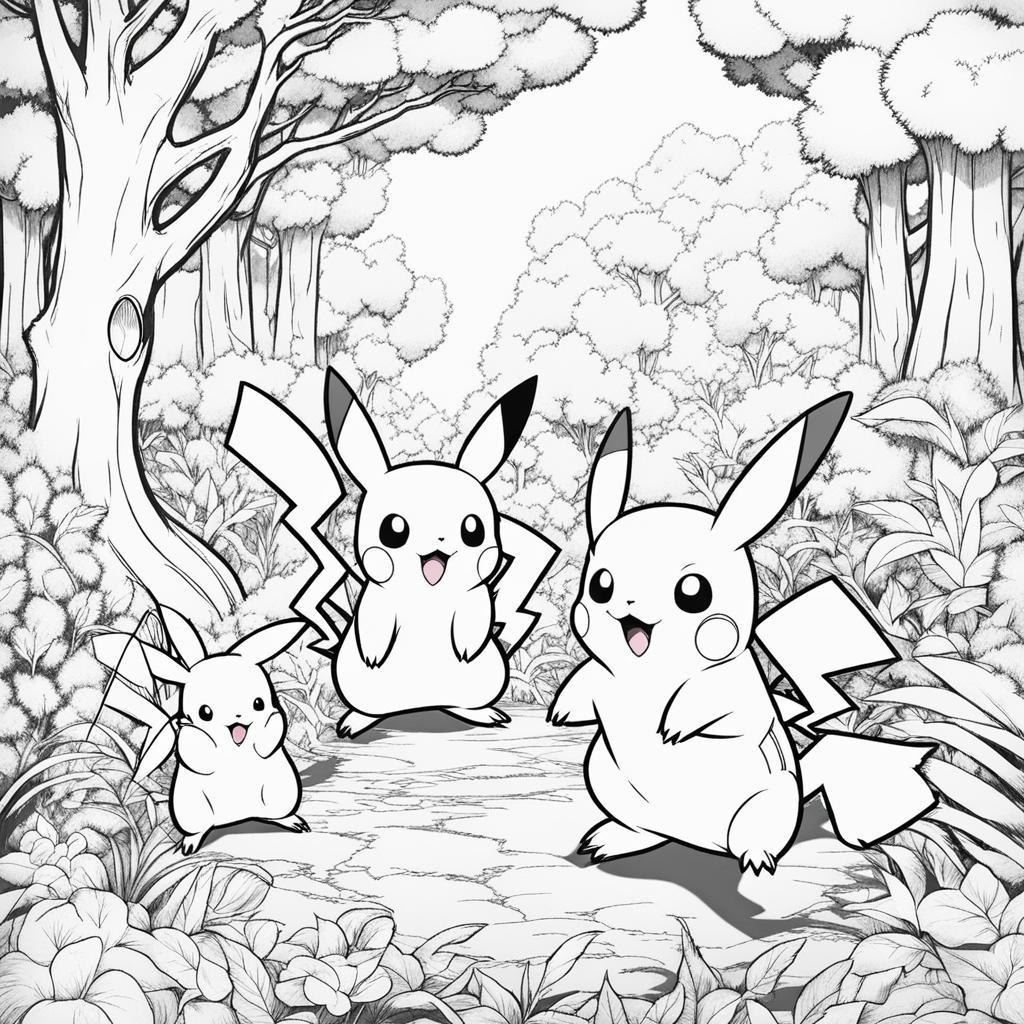 pokemon coloring pages - pikachu and friends explore a dense, enchanted forest. 