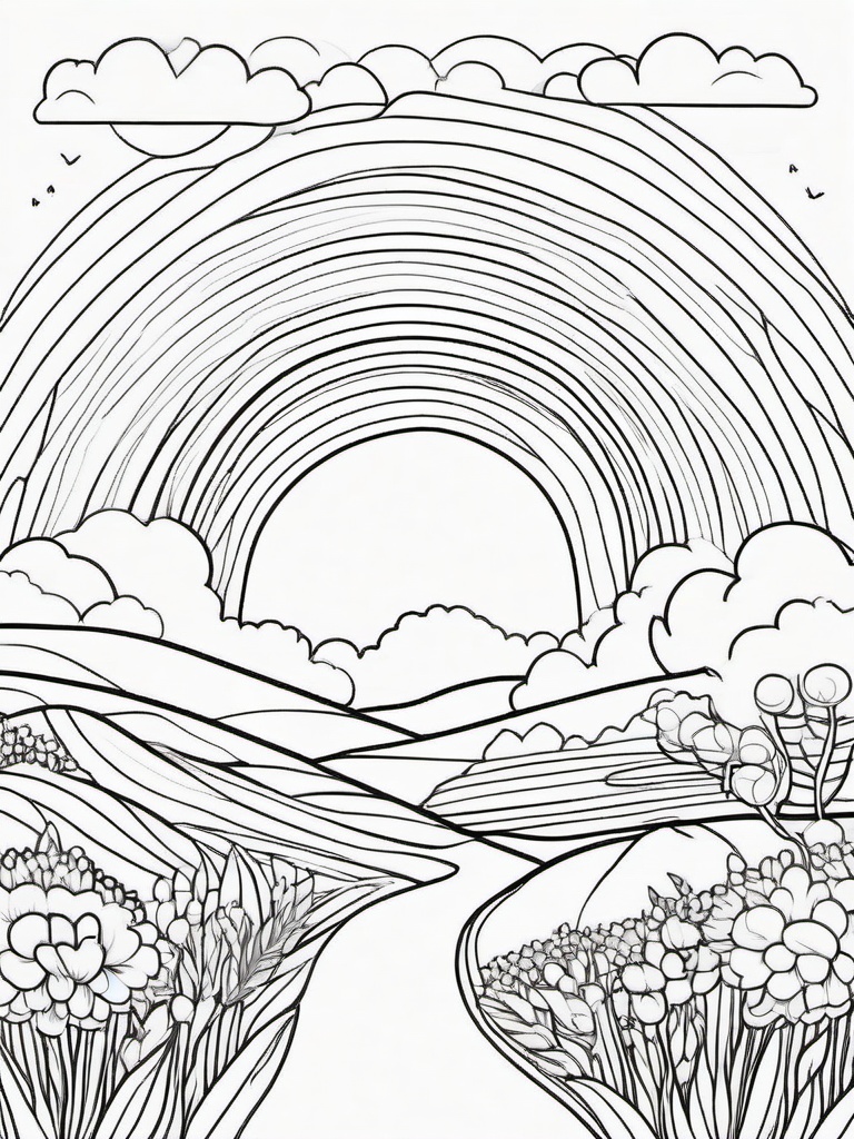 Rainbow Coloring Page - Rainbow over a whimsical landscape.  easy,simple,minimal,coloring pages,black and white outline