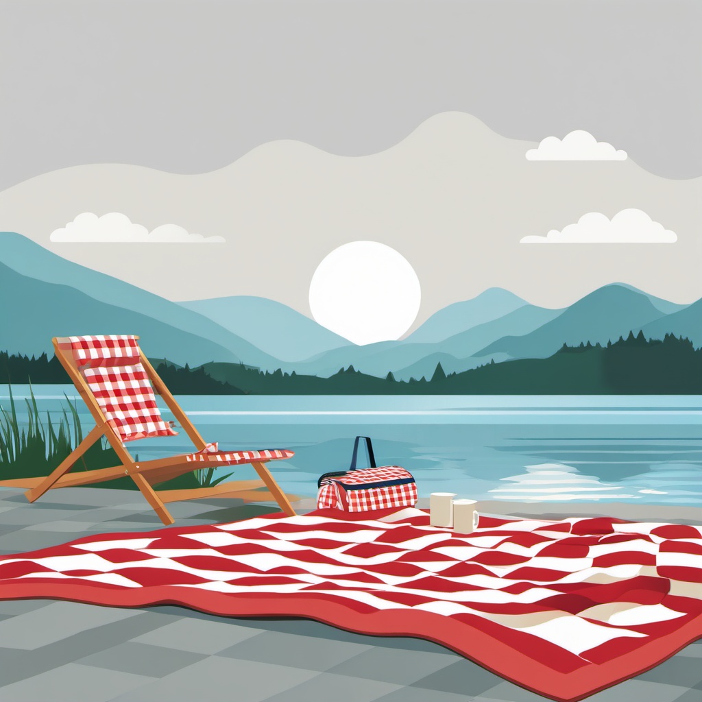 Lakeside Picnic Blanket clipart - A checkered picnic blanket by the water., ,vector color clipart,minimal