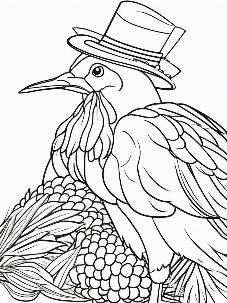 Turkey with a Pilgrim Hat and Corn Coloring Pages - Classic Thanksgiving Scene  minimal black outline printable sheet, coloring page