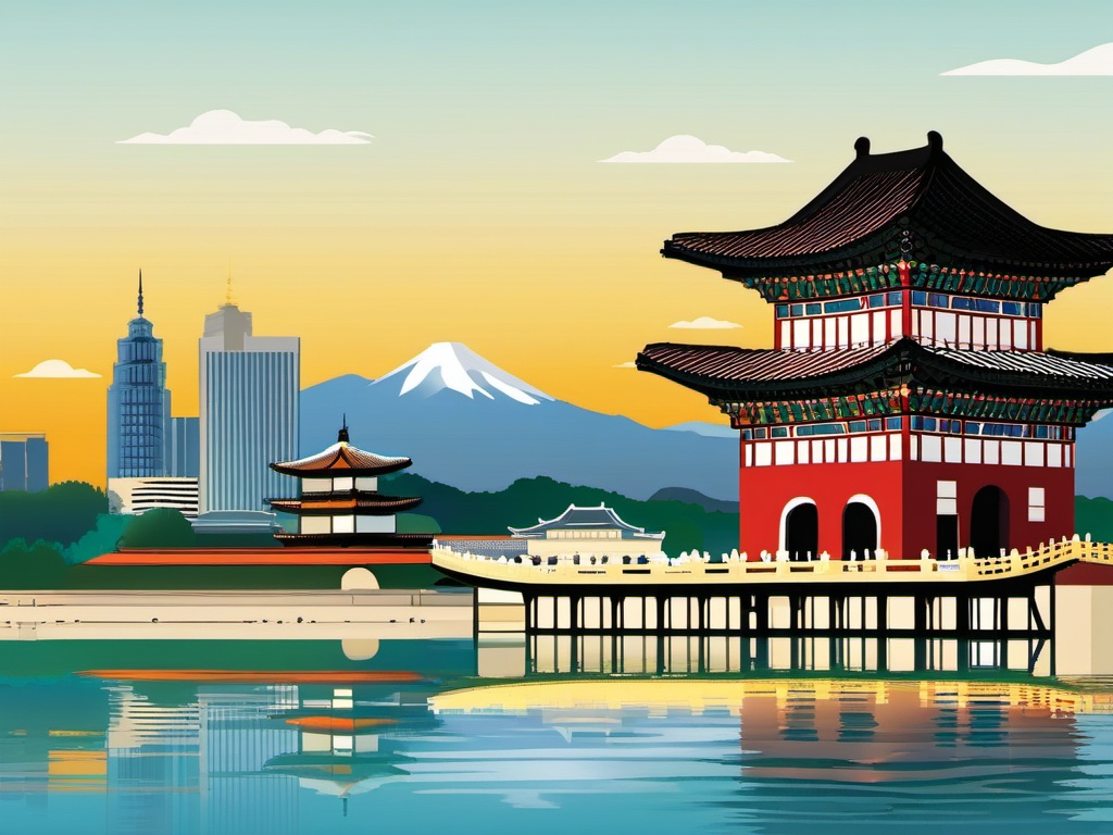 Seoul clipart - Gyeongbokgung Palace and Seoul skyline,  color vector clipart